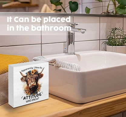 Highland Cow Sign, Farm Cottagecore Animal Office Kitchen Bedroom Decor, Apparently I Have an Attitude Who Knew Wooden Box Signs, Apparently Highland Cow Gifts for Women Men 5x5 in