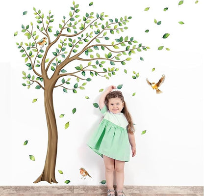 Tanlaby Large Tree Wall Stickers Green Leaves Birds Wall Decals Peel and Stick Falling Leaf Art Decor for Kids Girls Nursery Room Bedroom Living Room Kindergarten (H: 64 inch)
