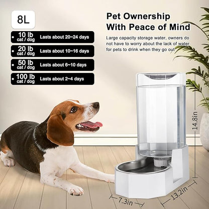 Sfozstra Automatic Pet Water Dispenser: 8L White Gravity Stainless Steel Water Bowl - with Specialized Brush - Angular Water Feeder for Senior Pet Dogs with Neck Pain Relief in Living Room Bedroom