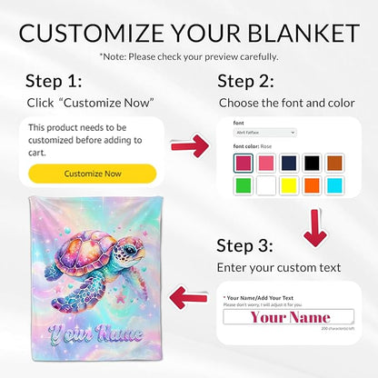 Custom Sea Turtle Throw Blanket - Turtle Blankets Gifts for Kids - Fuzzy Plush Throws Decor for Couch, Sofa