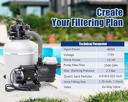13" Sand Filter System with 6-Way Valve Pool Pump 2500GPH Easy to Use for Above Ground Pools