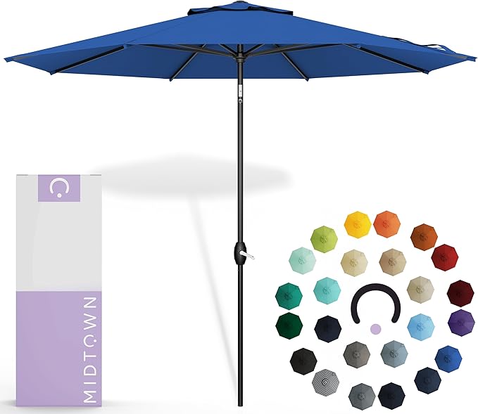 Midtown Umbrellas Sunbrella Umbrella 8 Feet Outdoor Umbrella With Sunbrella Dark Blue Acrylic Fabric - Auto-Tilt Aluminum Frame Patio Umbrella For Backyard, Deck, Garden, Pool - Black Pole