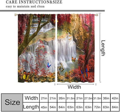 Landscape Blackout Curtains, Nature Forest Waterfall Butterfly Scenery Pattern Rod Pocket Window Drapes, for Bedroom Living Room 42" W X 54" L