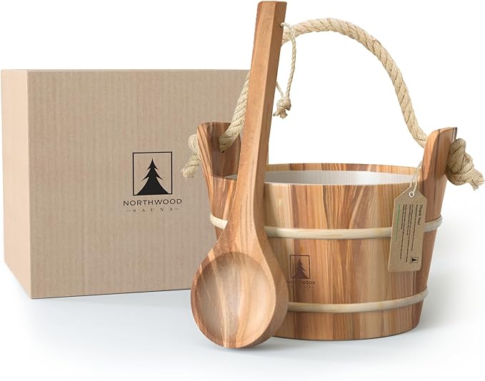 Sauna Bucket and Ladle Set - Handmade from Canadian Red Cedar Wood - Natural Rope Handle - 1 Gallon (4 Liters) Water Capacity