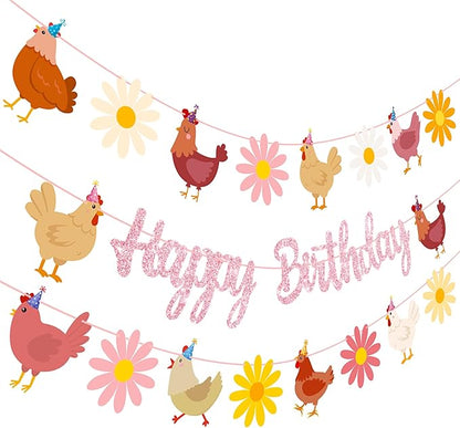 Chicken Themed Birthday Party Supplies Daisy Chicken Happy Birthday Banner Pink Glitter Floral Little Chick Party Decoration Hen Themed Cutout Banners for Girls Farm Animal Bday Baby Shower Supplies