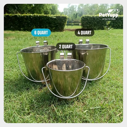 1.5 Gallon Stainless Steel Bucket - Heavy Duty Flat-Side Metal Bucket for Pets & Livestock Feeding - Rust Resistant Water Bucket with Hooks for Kennels, Cages, Crates & Fences - 6 Quart