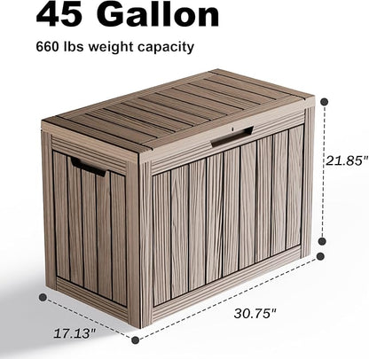 45 GallonOutdoor Storage Box,Resin Deck Boxes Waterproof, IndoorOutdoor Bin for Package Delivery, Patio Cushions, Gardening Tools, Lockable, UV Resistant