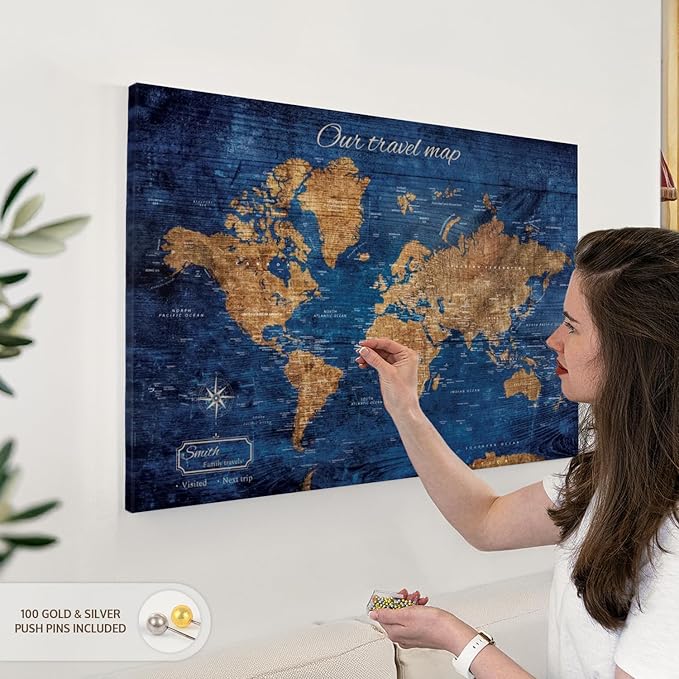 ElephantStock - Personalized Our Travel I Push Pin World Map Wall Art - Horizontal Canvas Wall Art - Living Room Wall Decor - Digital Art Map Canvas Art - Brown And Blue Decor - 36" x 24"