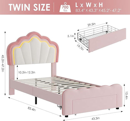 HOSTACK Twin Upholstered LED Bed Frame with Storage Drawer, Cute Girls Bed with Adjustable Lotus Headboard, Velvet Princess Platform Bed Frame, Wooden Slats Support, No Box Spring Needed, Pink/Beige