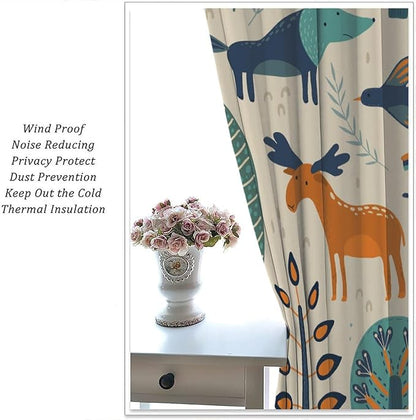Kids Forest Animal Curtains, Rustic Cartoon Cute Wild Animal Window Treatments Woodland Safari Animal Fox Deer Bear Window Drapes for Girls Boys Nursery Toddler Bedroom 72x63in