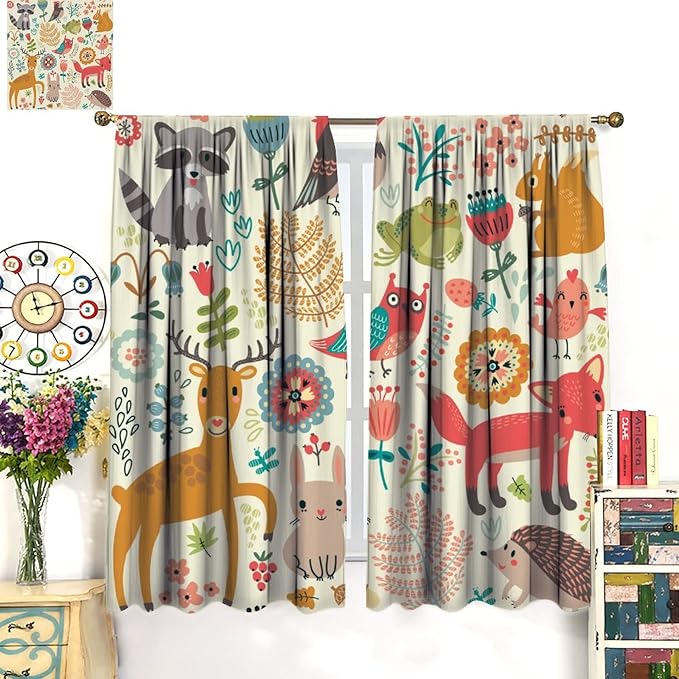 Kids Baby Woodland Blackout Curtains,Forest Animals Plants Cartoon Funny Colorful Deer Fox Owl Pattern Thermal Insulation Window Drapes for Boys Girls Children's Bedroom 55x63in