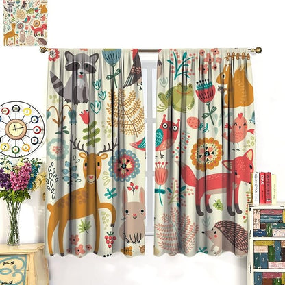 Kids Baby Woodland Blackout Curtains,Forest Animals Plants Cartoon Funny Colorful Deer Fox Owl Pattern Thermal Insulation Window Drapes for Boys Girls Children's Bedroom 55x63in