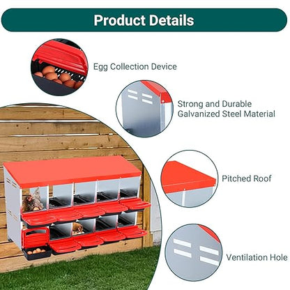 Garvee Chicken Nesting Boxes, 10 Hole Metal Chicken Laying Box with Removable Trays and Roll Out Egg Collection for Chicken Coop, Red