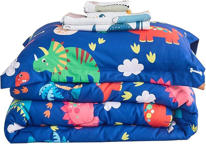 Wajade 7 Piece Kid Boys Dinosaur Comforter Set Full Size 3D Blue Dinosaur Wild Park Jungle Print Bedding Set with Comforter, Sheet Set, Pillowcase and Sham