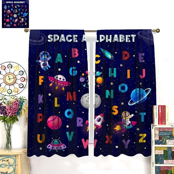 Alphabet Curtains Kids Outer Space Cartoon Universe Planet Educational Learning Curtain with Rod Pocket for Bedroom Nursery Decor Drapes Window Treatments 2 Panels Set 63" W X 72" L