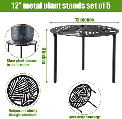 5-Pack 12” Heavy-duty Metal Plant Stands Large Flower Pot Holder for Indoor Outdoor Rust-proof Iron Potted Planter Stand Modern Round Corner Stand Shelf for Living Room Patio Garden Yard