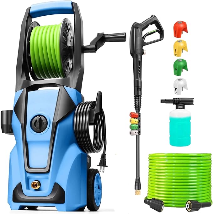Pressure Cleaner Adjustable 5000PSI 4.0 GPM High Power Cleaners with 33ft Hose Reel, 4 Nozzle and Foam Cannon, Power Cleaners Machine for Home, Cars, Patio (Navy Blue)
