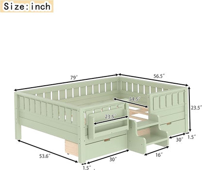 Bellemave Full Size Kids Bed with high Rails and with Built-in Bookshelf and Drawers for Kids, Girls, Boys, Wood Montessori Bed Without Door, Avocado Green