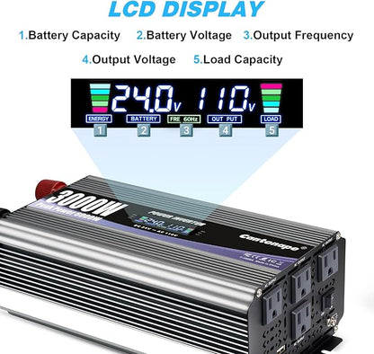 3000W Power Inverter 24V to 110V/120V DC to AC with LCD Display, Remote Controller and 4 x AC Outlets Car Adapter for Car Truck Boat RV Off Grid Solar System