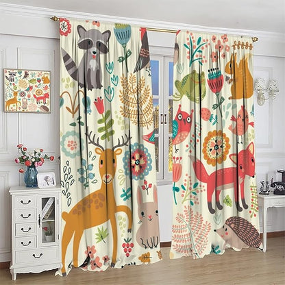 Kids Baby Woodland Blackout Curtains,Forest Animals Plants Cartoon Funny Colorful Deer Fox Owl Pattern Thermal Insulation Window Drapes for Boys Girls Children's Bedroom 72x63in