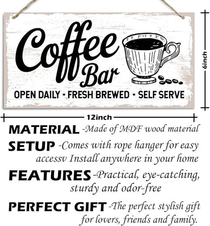 Coffee Bar Decor Sign, Fresh Brewed Coffee Bar Open Daily Self Serve, Hanging Decors for Kitchen Wall, Vintage Kitchen Decor, Cafe Decoration with Rope Hanging 12 x 6 Inches