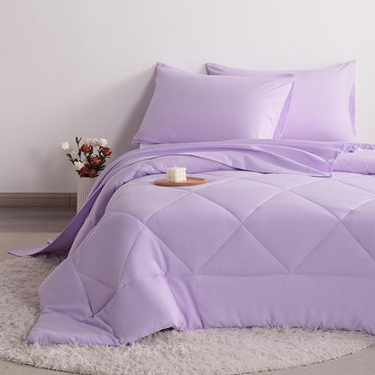 FLXXIE 5 Pieces Toddler Bedding Set, Soft and Breathable Microfiber Crib Sheet Set, Includes Quilted Comforter, Flat Top Sheet, Fitted Sheet, Envelope Pillow Case for Boys and Girls, Lavender