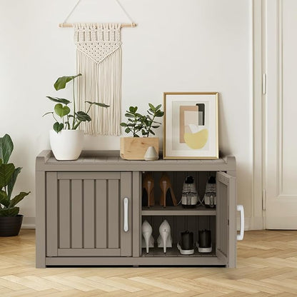 ROJIK Shoe Cabinet Waterproof UV-Resistant,Storage Bench Indoor Outdoor with Adjustable Shelves,for Entryway Bedroom,Hallway,Living Room(Double Door,Grey)