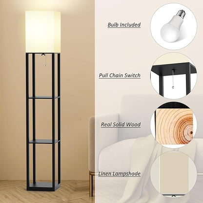 Floor Lamp with Solid Wood Shelves