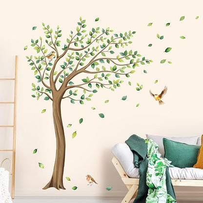 Tanlaby Large Tree Wall Stickers Green Leaves Birds Wall Decals Peel and Stick Falling Leaf Art Decor for Kids Girls Nursery Room Bedroom Living Room Kindergarten (H: 64 inch)