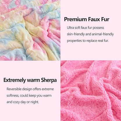 NEWCOSPLAY Super Soft Faux Fur Blanket Queen Size Light Rainbow Sherpa Fuzzy Plush Warm Blanket for Sofa Bed (Light Rainbow, Queen(90"x90"))