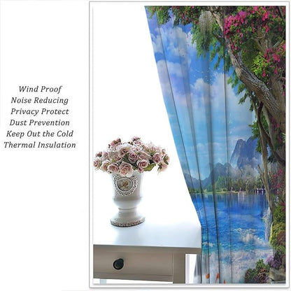 Spring Jungle Waterfall Blackout Window Curtains, Tropical Rainforest Floral Tree Waterfall Landscape Print Window Drapes, for Living Room Bedroom 42x63in 2 Panels