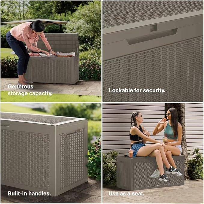 80 Gallon Resin Deck Box, Waterproof Outdoor Storage Bin for Patio Furniture, Pool Accessories, and Garden Tools, Lockable & UV-Resistant, Grey