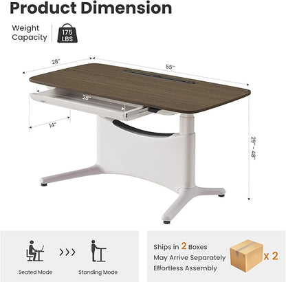 COLAMY Electric Adjustable Standing Desk – 48 x 28 Inch Sit Stand Desk with Drawer & Cable Management, Dual Motor Lift System, Ergonomic Footrest, Home Office Table (MFC Desktop, Walnut + White)