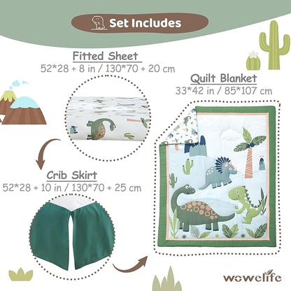 Wowelife Dinosaur Crib Bedding Set for Boys Green, Premium 3-Piece Baby Bedding Set, Nursery Crib Set, Newborn, Infant & Toddler Nursery Bed Set, Green Dinosaur