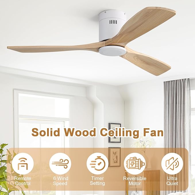 Sofucor 52 Inch Ceiling Fan No Light, Solid Wood Ceiling Fans Without Lights