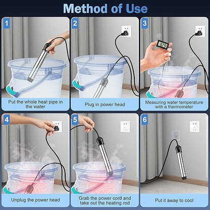 Portable Water Heater 2000W, Pool Heater - Immersion Heater with Digital Thermometer, Upgraded Magnesium Oxide Heating for Fast Heating, for Small Pools, Bathtubs, Buckets, Tanks