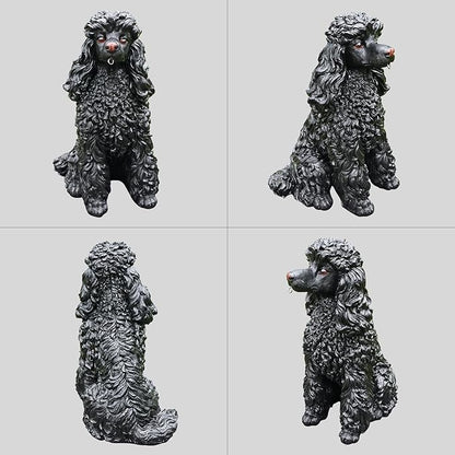 Porch Greeter Dog Statue with Flip-Over “Welcome/ON Patrol” Hanging Plaque and Solar Walkway Lantern, Black Sitting Poodle Yard Accent