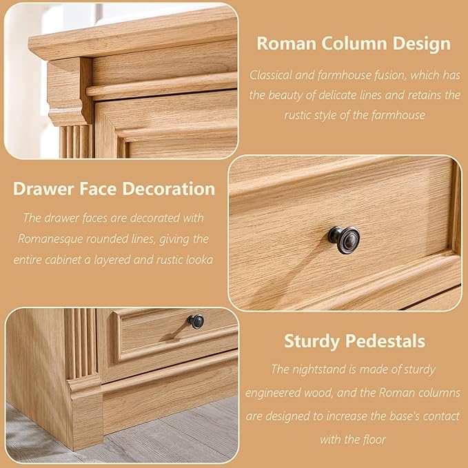 8 Drawers Dresser for Bedroom, Farmhouse 61" Wide Dressers & Chests of Drawers w/Roman Column, Large Storage Dressers Organizer w/Two Different Drawer Sizes for Bedroom,Living Room,Natrual