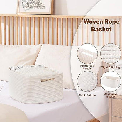 OIAHOMY Storage Basket for Shelves, Closet Cube Storage Bins Baskets for Clothes Blanket Towels, Baby Nursery, Toy Baskets Box, Woven Rope Basket, 17.72*12.99*7.87 IN, 2 Packs White