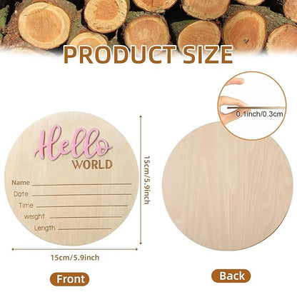 Baby Announcement Sign, 5.9 Inch Wooden Hello World Newborn Signs, Birth Announcement Sign, Baby Shower Hospital Nursery for Newborn Boys and Girls (Pink,Pen)