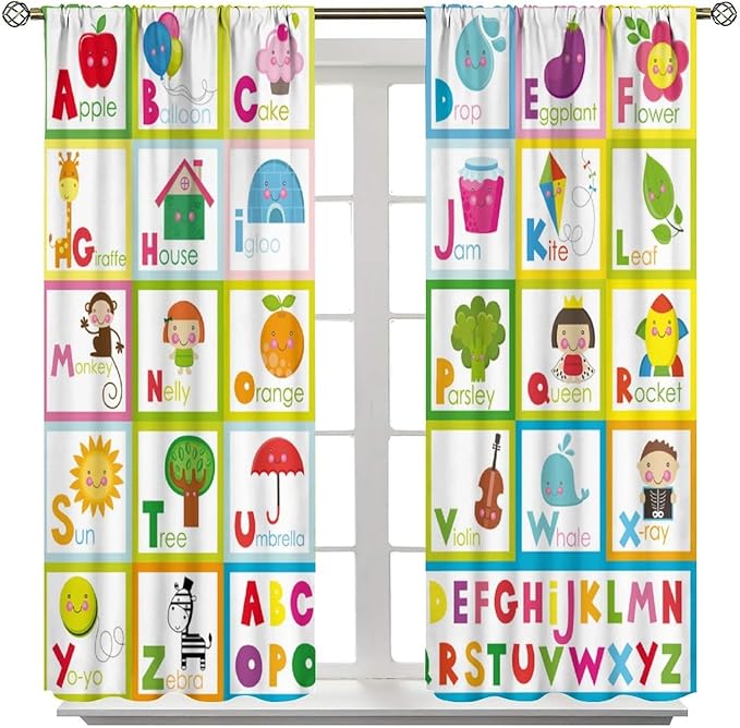 Kids Alphabet Curtains Cute Cartoon Education Learning Funny Teaching Words Curtain with Rod Pocket for Bedroom Nursery Home Decor Drapes Window Treatments 2 Panels Set 52" W X 84" L