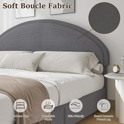 King Size Bed Frame, Upholstered Platform Bed with Headboard, Boucle Bed Frame with Round Conner, No Box Spring Required, Easy Assembly, Grey