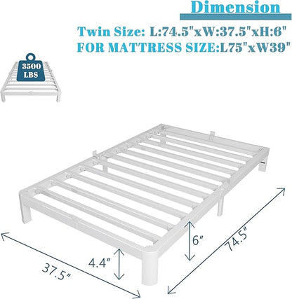 Twin Bed Frames 6 Inch, White Twin Size Bed Frame with Metal Gaskets, No Box Spring Need, Heavy Duty Steel Platform Support, Round Corner Desgin, Easy Assembly, Noiseless