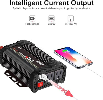 400W Car Power Inverter, DC 12V to 110V AC Converter with 2 Charger Outlets and Dual 3.1A USB Ports Cigarette Lighter Socket Adapter(Black)