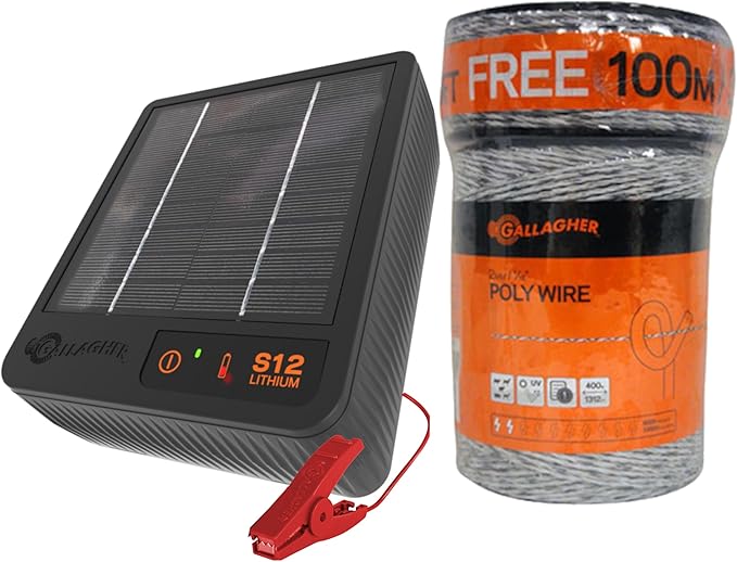 Gallagher S12 Solar Energizer and 1312' Poly Wire Electric Fence Kit for Livestock, Gardens, Orchards, Pets, and More