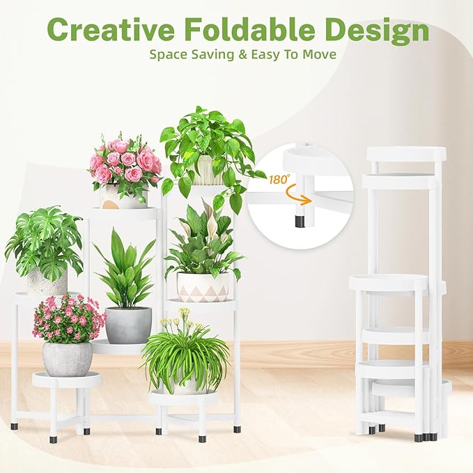 iDavosic.ly 7 Tier Folding Plant Stand Indoor Outdoor with Plastic Tray, Tiered Corner Flower Holder Shelf, Metal Orchid Display Rack for Patio Porch Living Room Garden Balcony, White