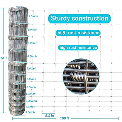 Farm Fence 6ft x 100ft Heavy Zinc Coating Field Wire Fencing, Galvanized Livestock Deer,Goat Fence,Hog Wire Fencing Used to Yard and Garden
