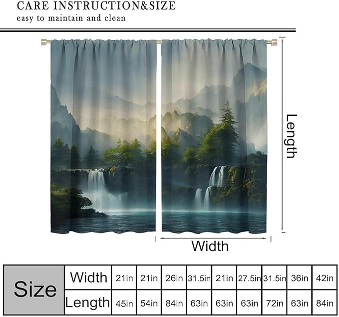 Landscape Theme Waterfall Blackout Curtains, Waterfall Mountains Jungle Printed Natural Scenery Window Drapes, for Bedroom Living Room 42" W X 54" L