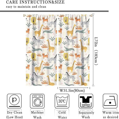 Wild Animals Curtains, Cute Cartoon Animals Zoo with Lion Zebra Crocodile Cat and Giraffe Tropical Jungle Plant Print Window Treatments for Kids Boys Girls Bedroom Living Room 63x72in