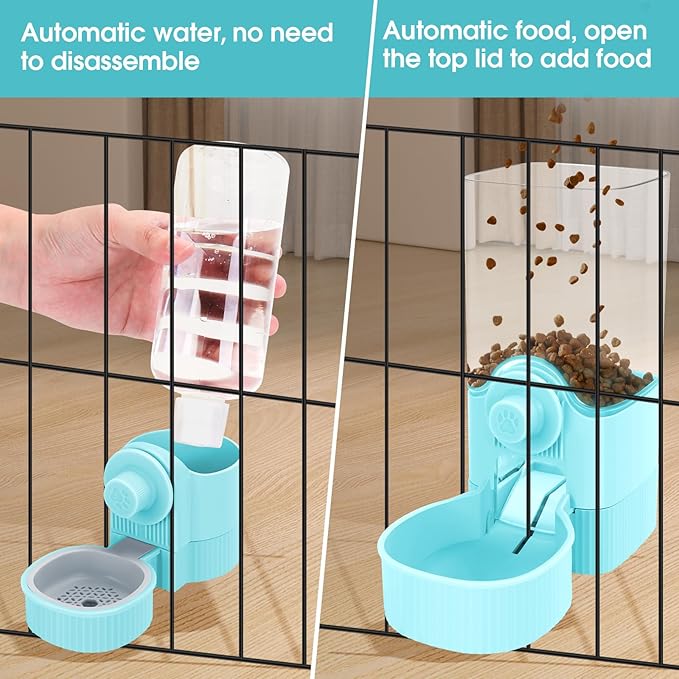 Yummy Sam Hanging Cage Automatic Small Pet Food Bowl Water Bottle Dispenser, Detachable Auto Gravity 1.2L Self-Feeding Feeder and 0.52L Waterer Set Kennel Feeding Station for Puppy Cats(Sky Blue)